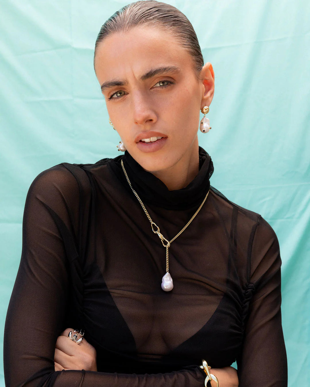 Linked Pearl Necklace - Brass, Pearl and 18k Gold