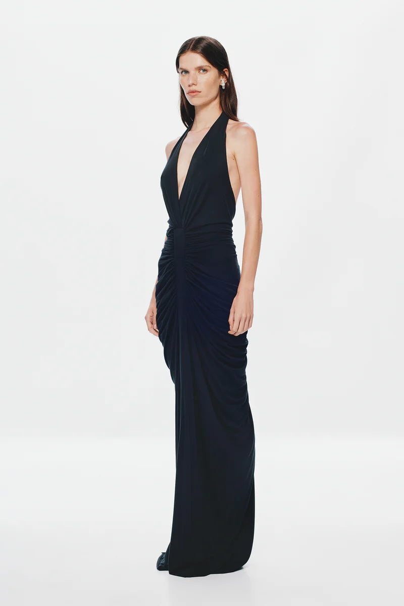 The Venus Gathered Cupro Dress - Black