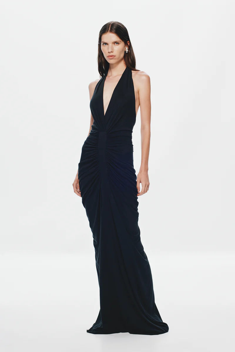 The Venus Gathered Cupro Dress - Black