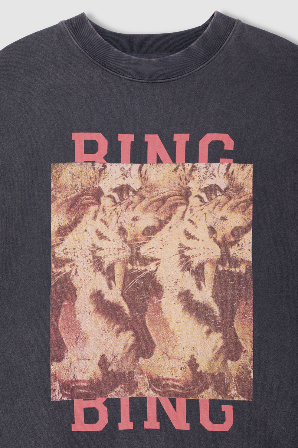 A close-up of a dark gray crewneck t-shirt featuring a vintage-style graphic print of roaring tigers in a square frame, with the word 'RING' printed in pink above and below the graphic.