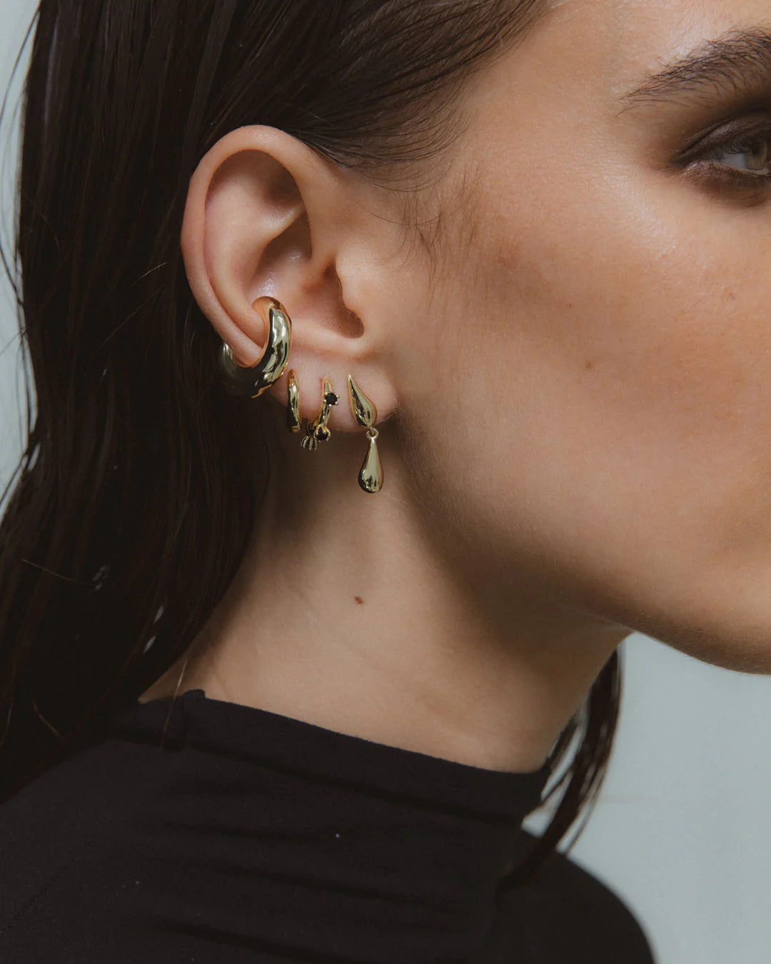 Adele Spiked Huggies - 18k Gold Plating + Onyx