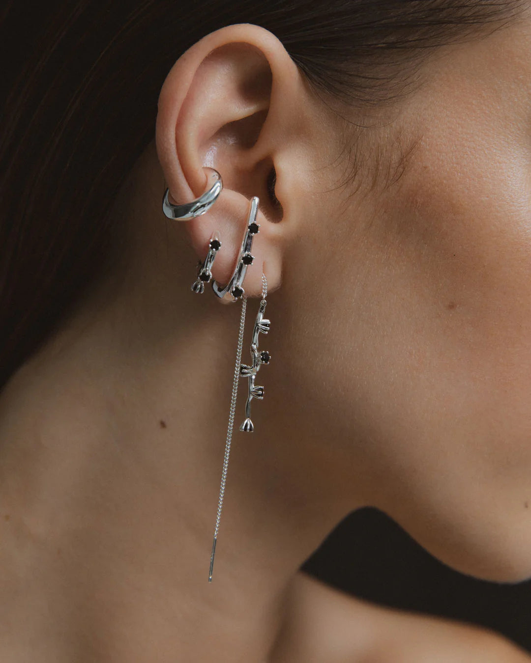 Adele Spiked Huggies - Solid Sterling Silver + Onyx