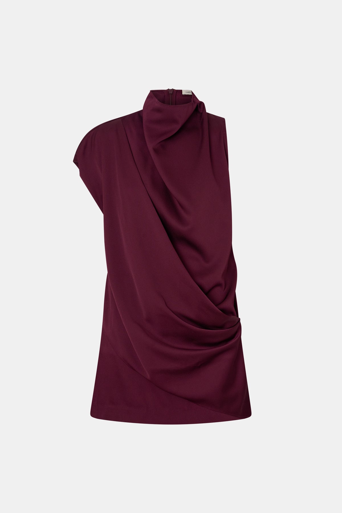 Maroon one-shoulder dress on a light gray background