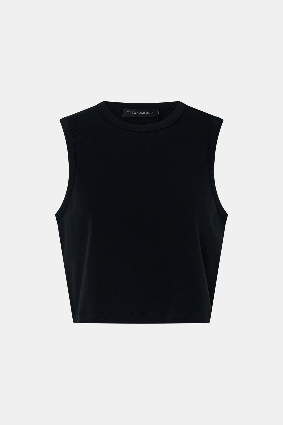 A black sleeveless crop top with a crew neck, displayed flat against a light gray background.