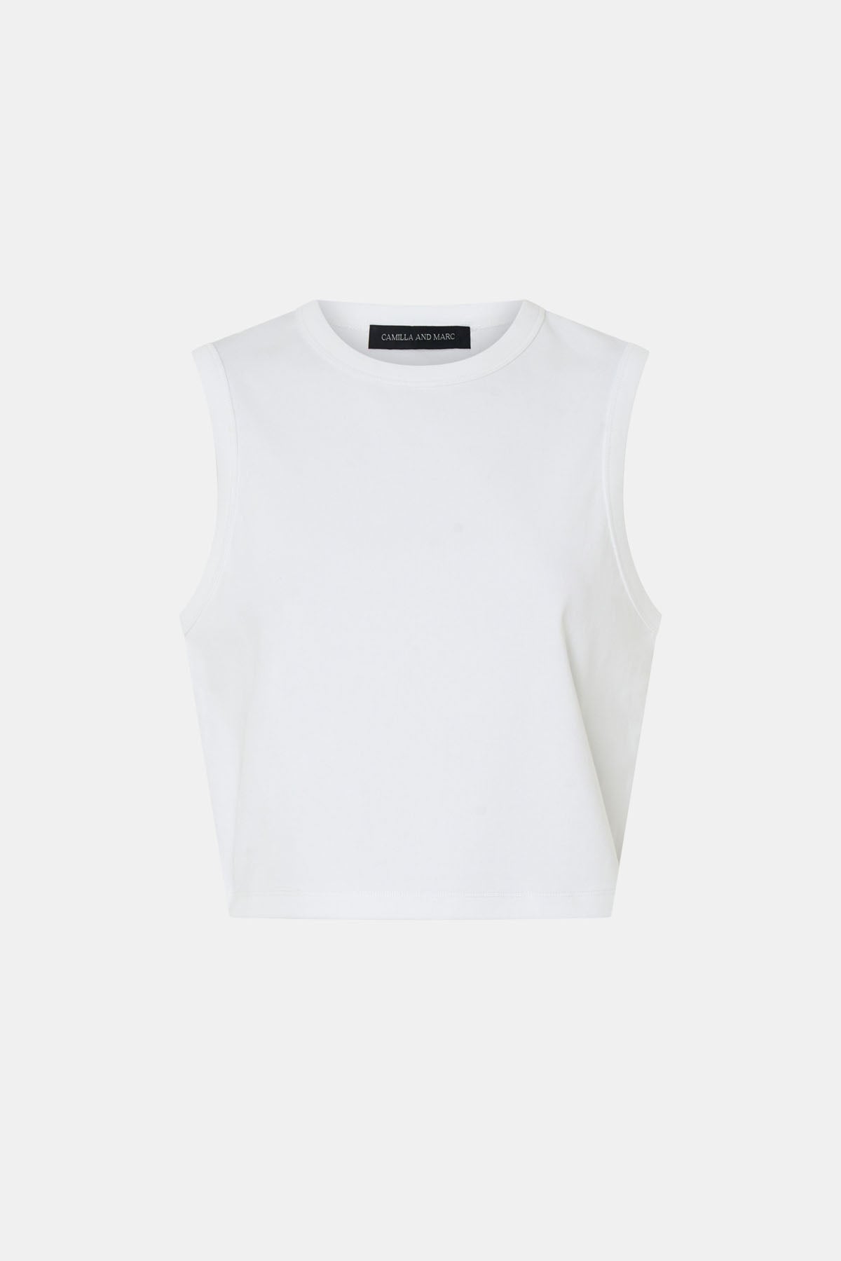 A white sleeveless crop top with a crew neck, displayed flat against a light gray background.