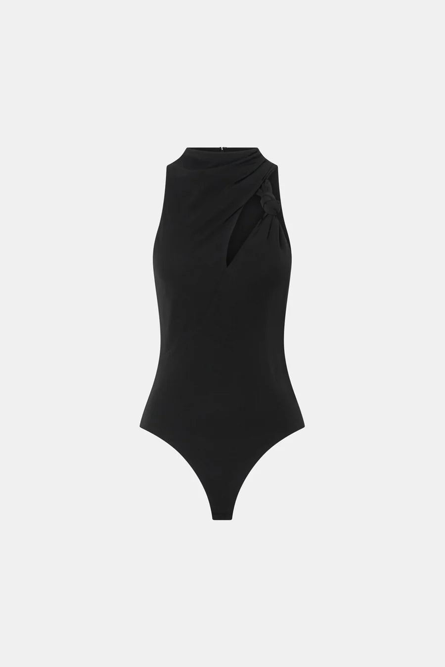Black swimsuit with a draped design on a white background