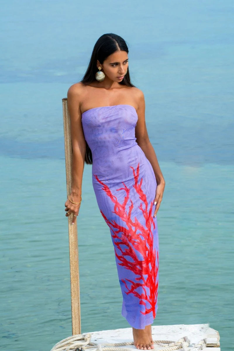 Strapless Mesh Dress - Coral