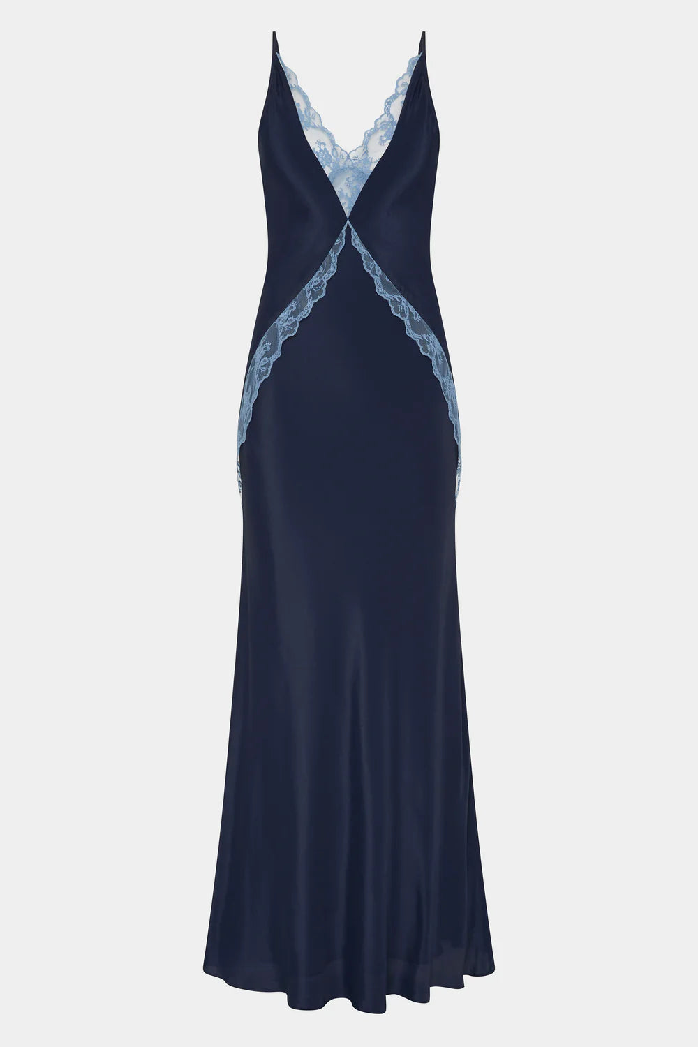 Navy slip dress with lace detailing on a white background