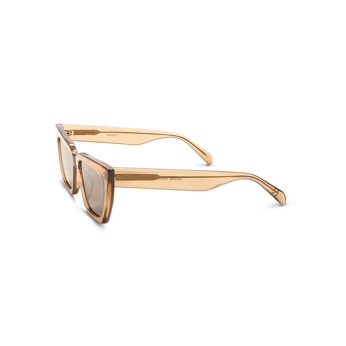 Sunglasses with a gold frame and brown lenses on a white background