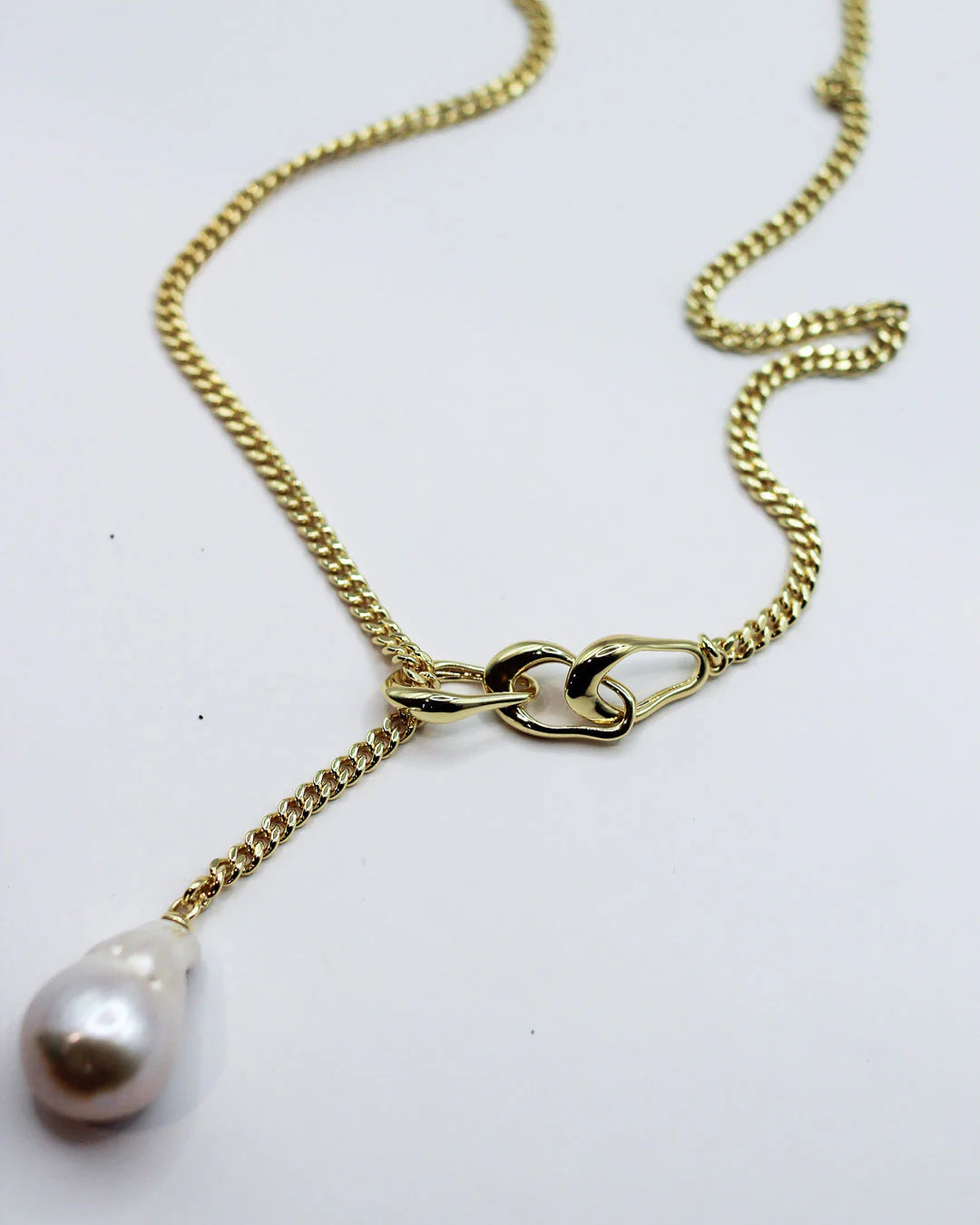 Linked Pearl Necklace - Brass, Pearl and 18k Gold
