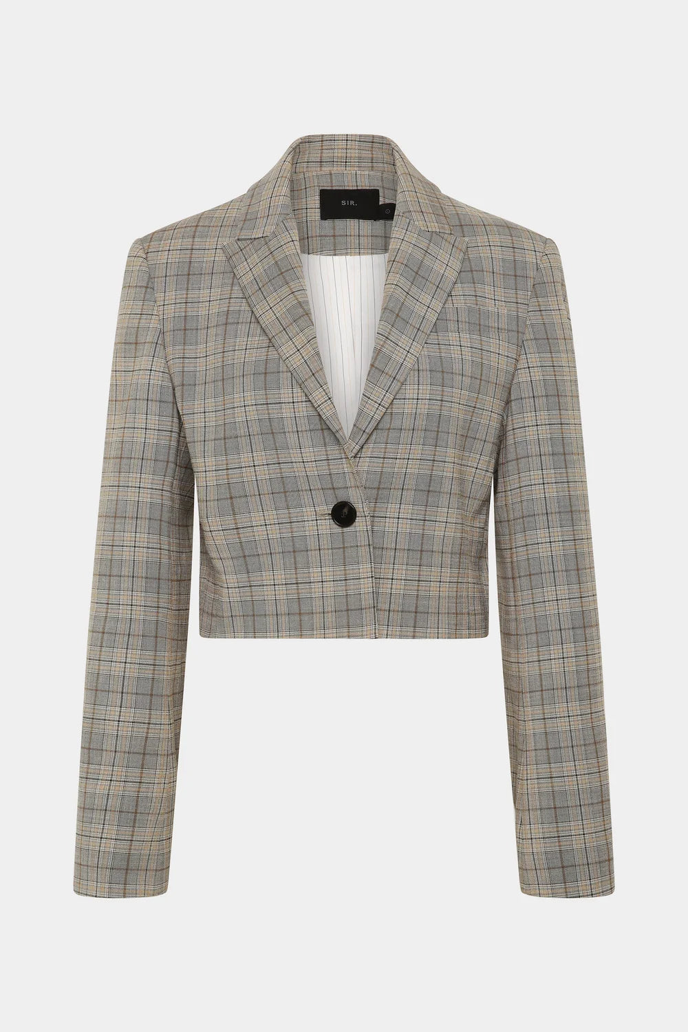 A cropped single-breasted blazer in a beige and gray plaid pattern, featuring a single black button and a white inner collar, displayed on a light gray background.
