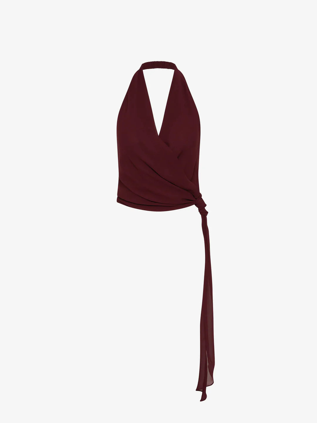 Burgundy halter top with a tie detail on a white background