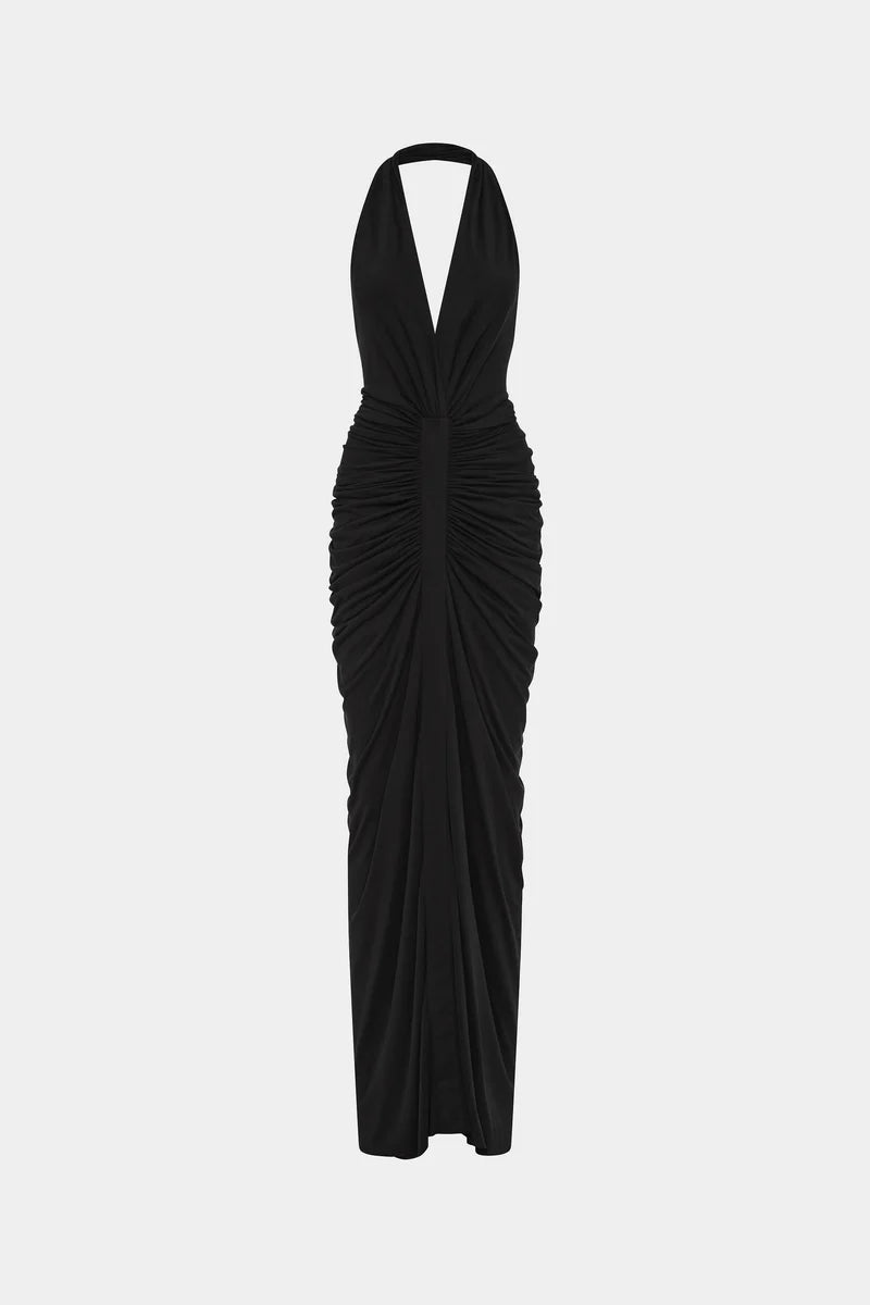 The Venus Gathered Cupro Dress - Black