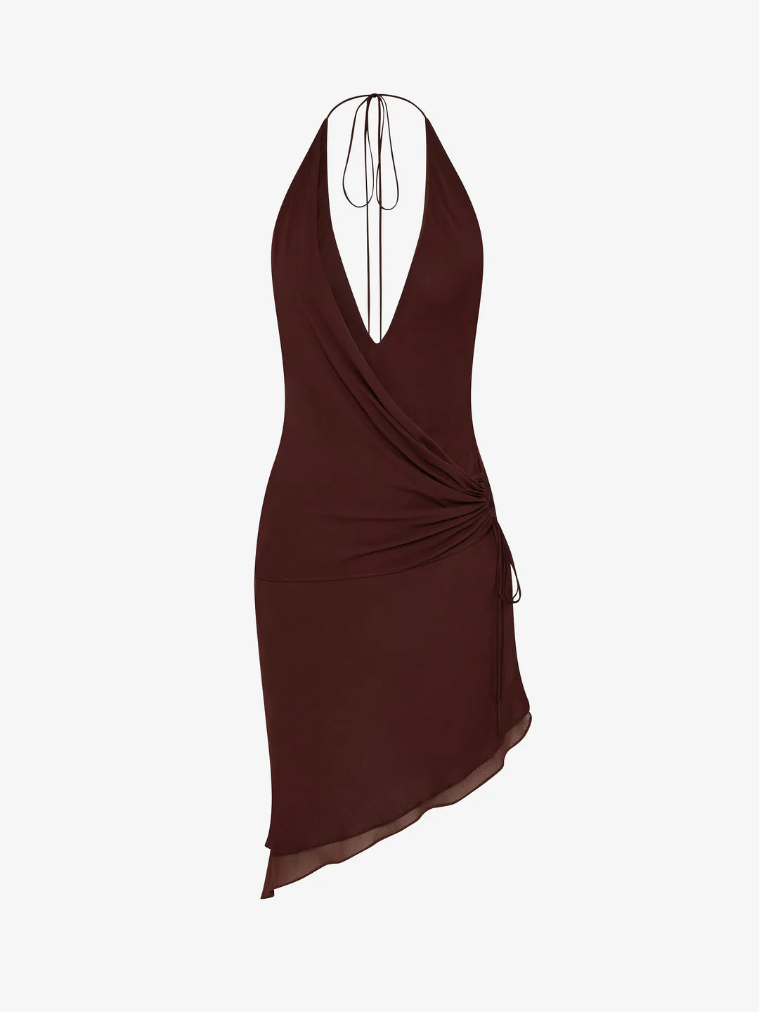 Brown halter neck dress with draped design on a white background