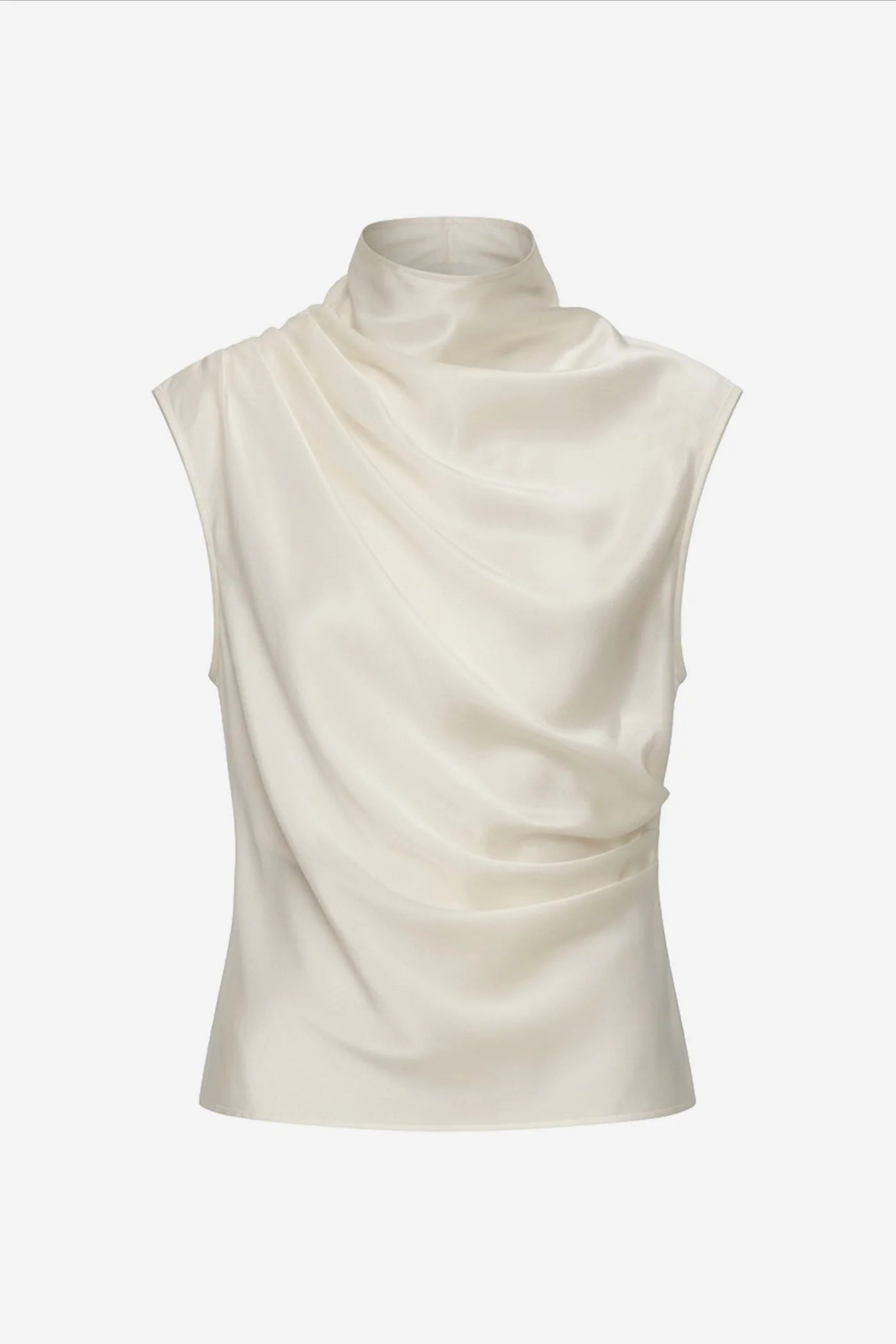 An off-white sleeveless top with a draped, cowl-like neckline, displayed on a clean white background.