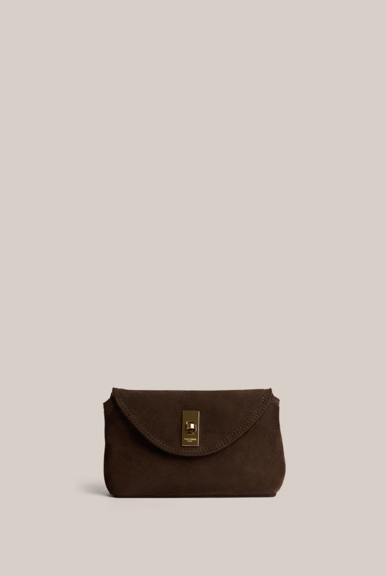 Sloane Mini Dark Choc Suede Crossbody Clutch