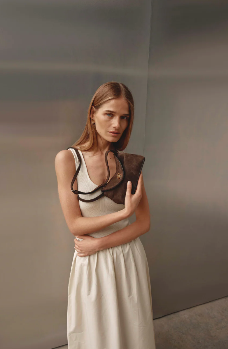 Sloane Mini Dark Choc Suede Crossbody Clutch