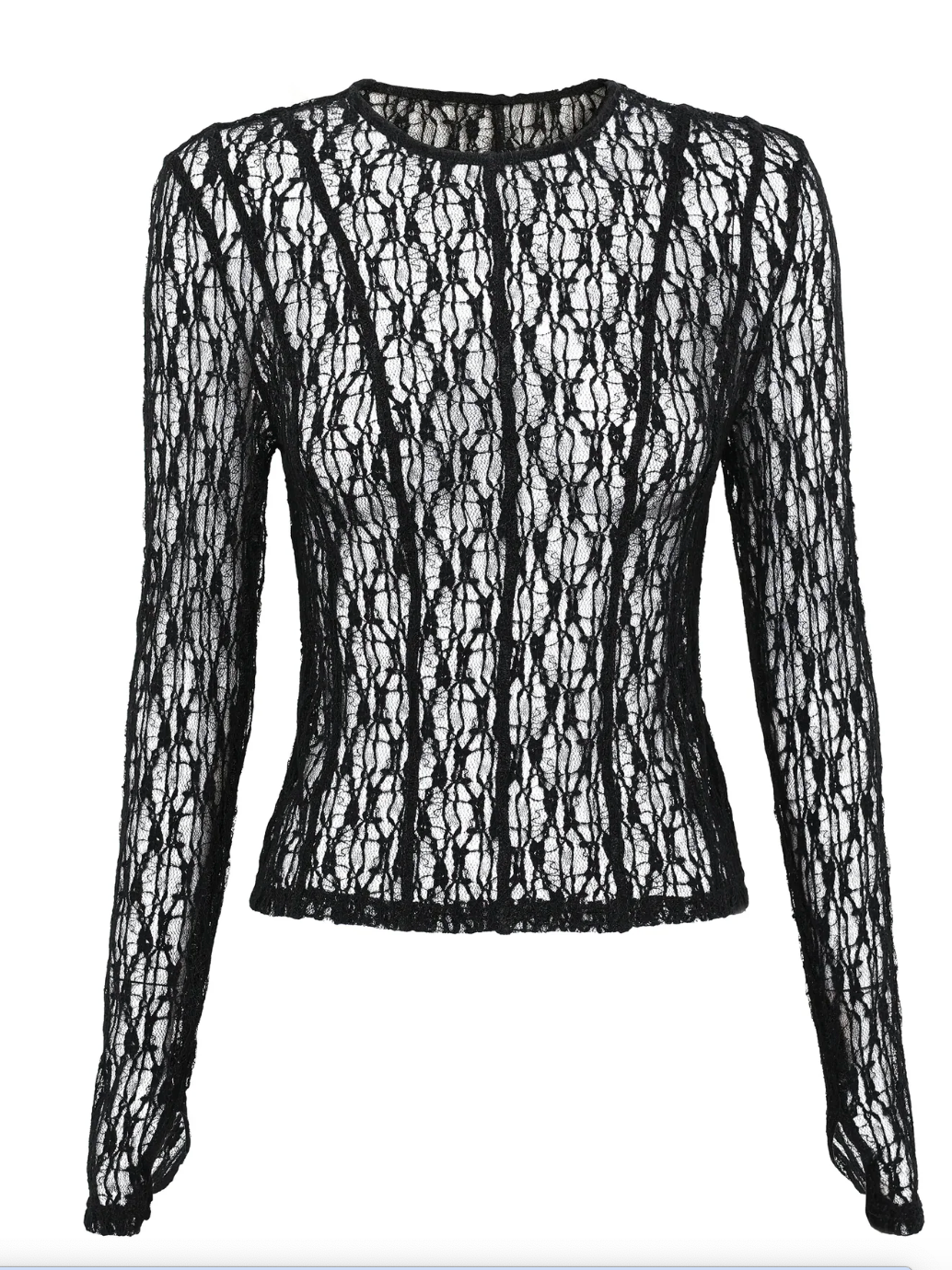 Black lace long-sleeve top on a white background