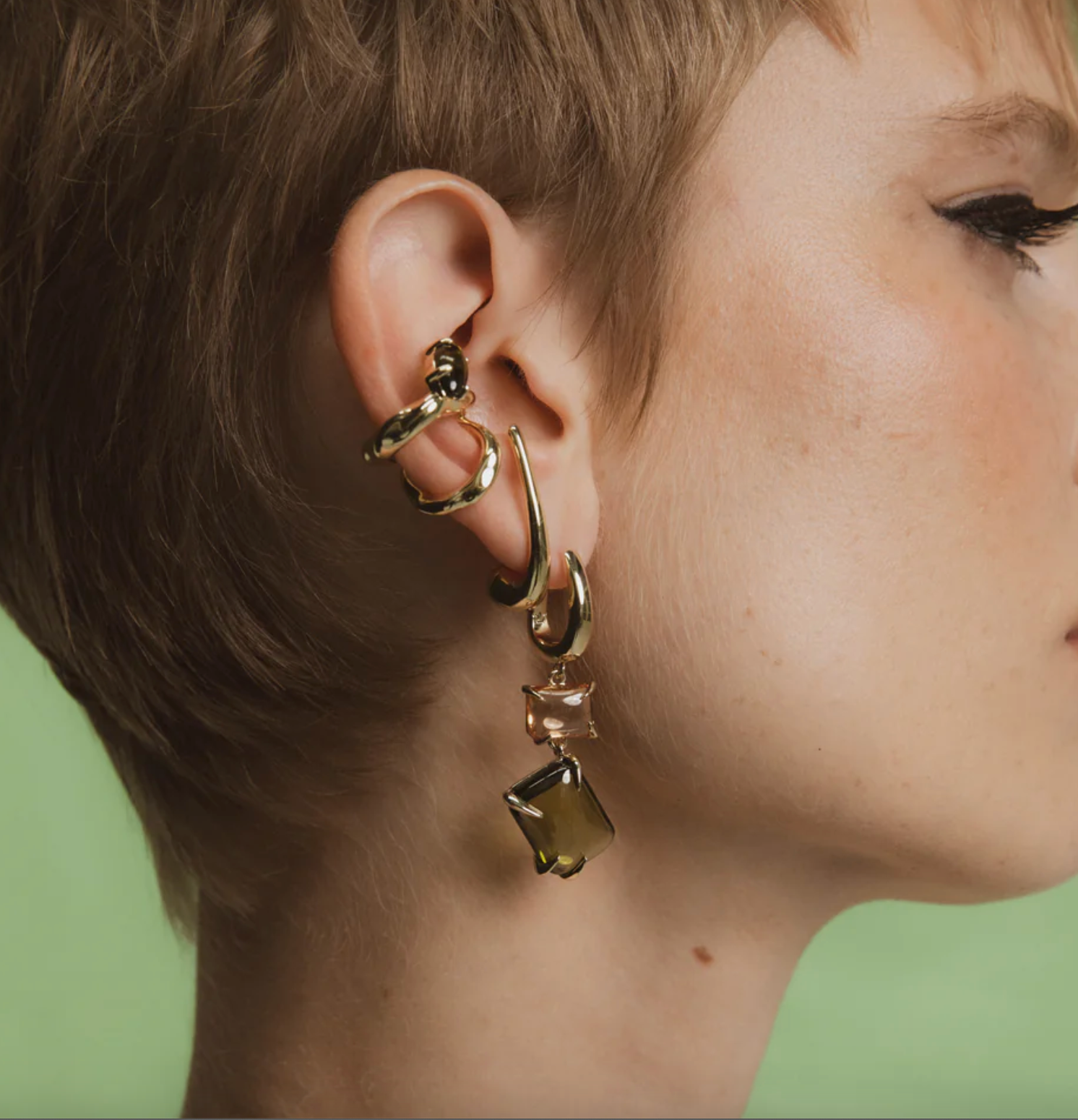 Double Drop Claw Earrings - Brass + 18k Gold with Citrine + Peridot