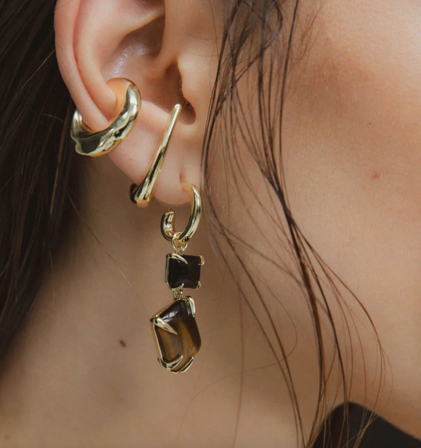 Double Drop Claw Earrings - 18k Gold with Tigers Eye + Onyx