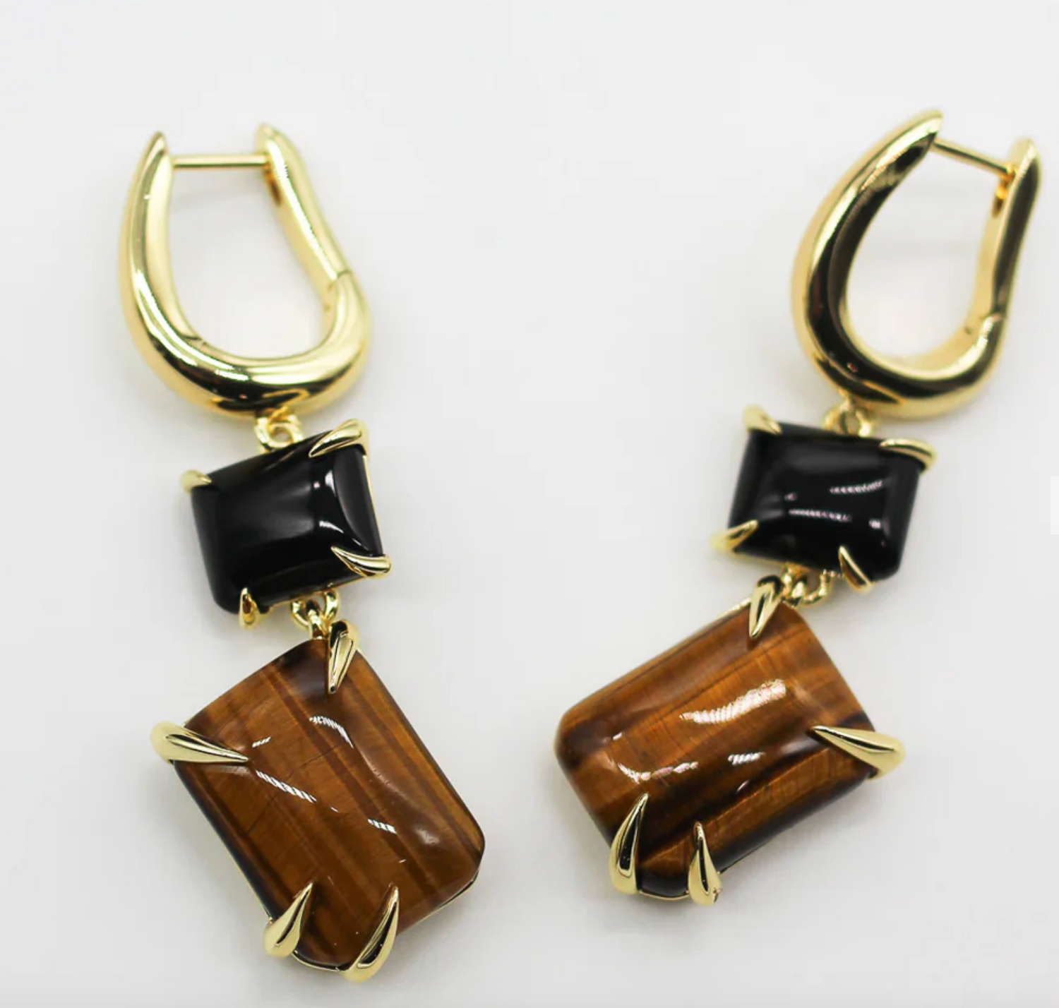 Double Drop Claw Earrings - 18k Gold with Tigers Eye + Onyx