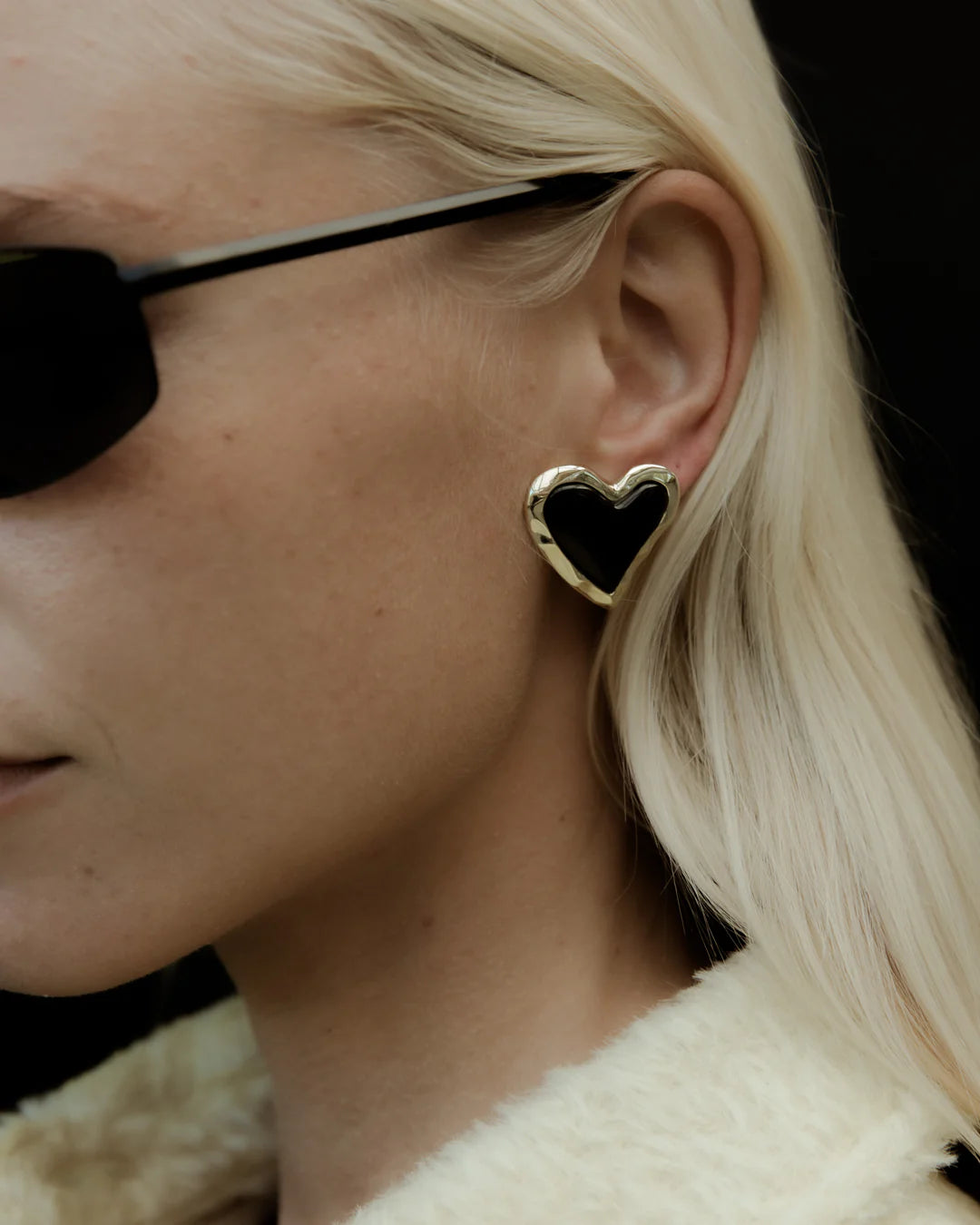 Whitney Heart Statement Earrings - Brass + 18K Gold Plating + Onyx