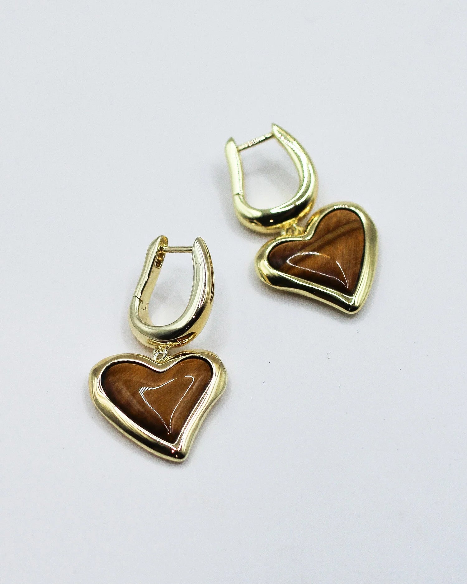 Whitney Heart Charm Earrings - 18k Gold + Tigers Eye