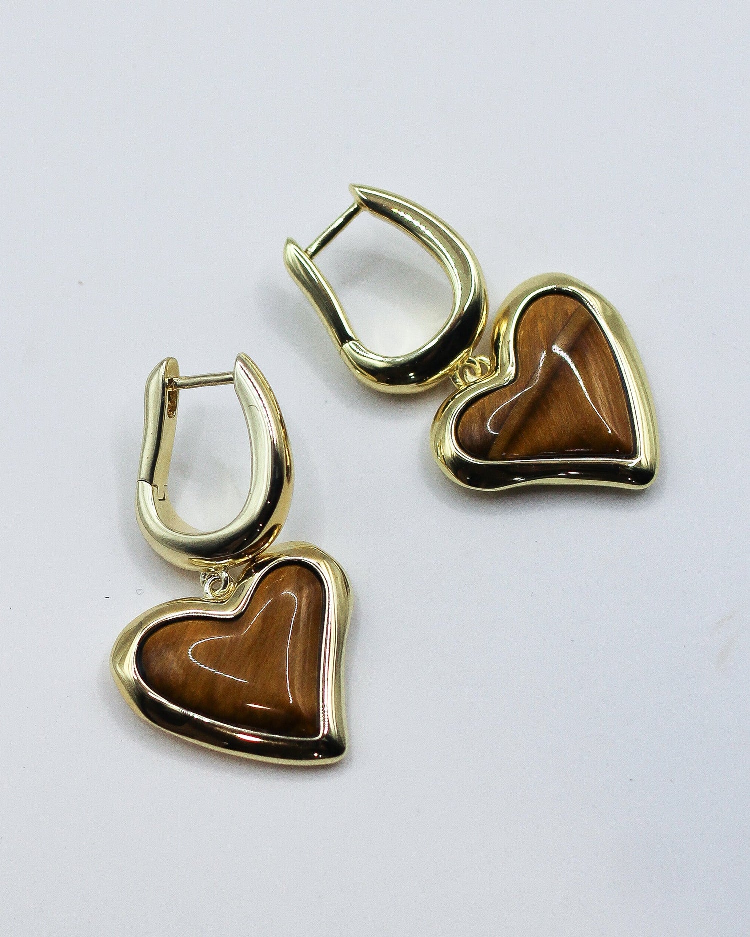 Whitney Heart Charm Earrings - 18k Gold + Tigers Eye
