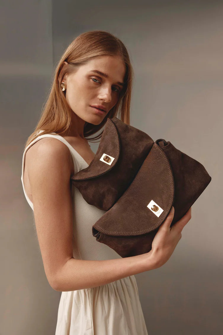 Sloane Classic Dark Chocolate Suede Clutch