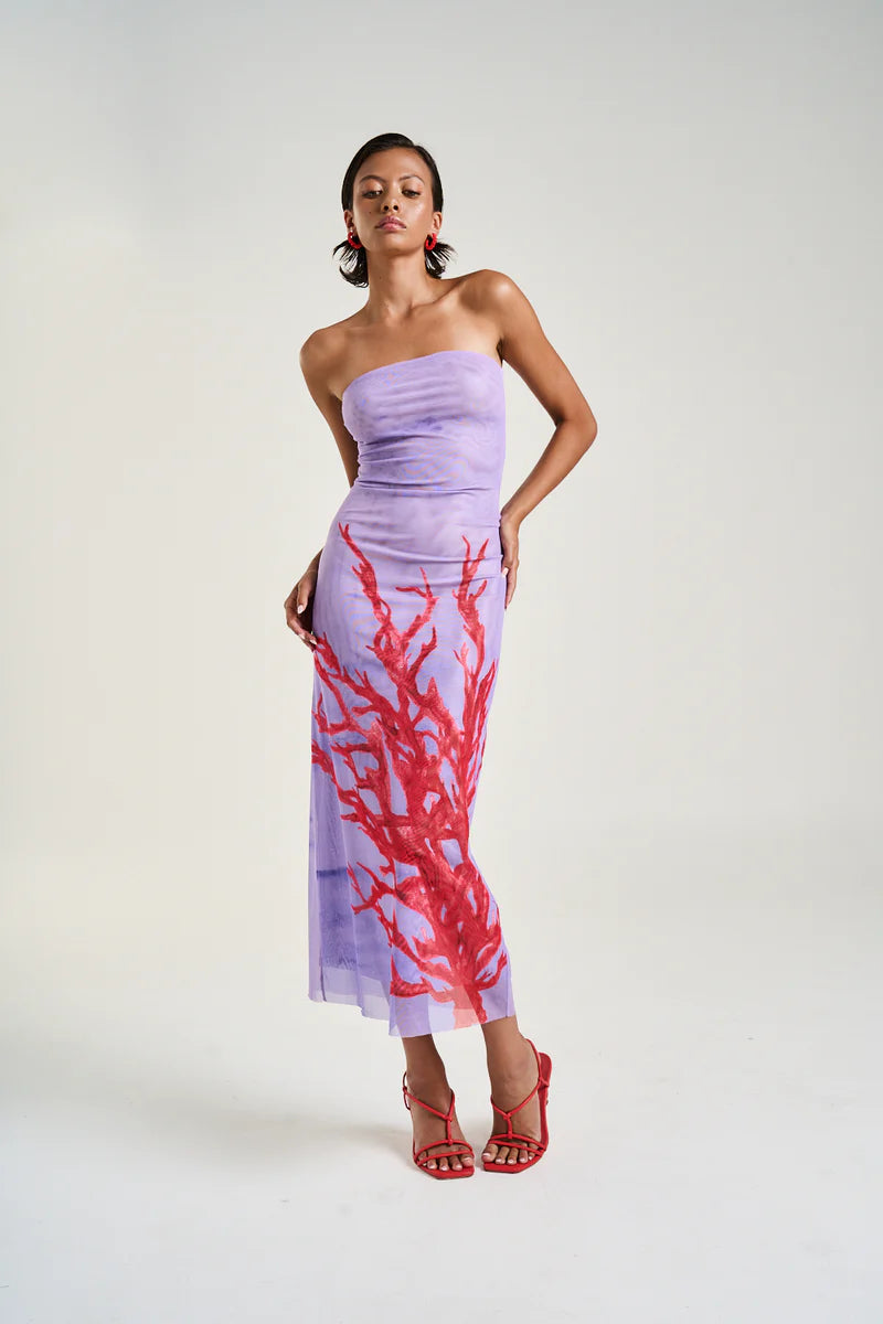 Strapless Mesh Dress - Coral