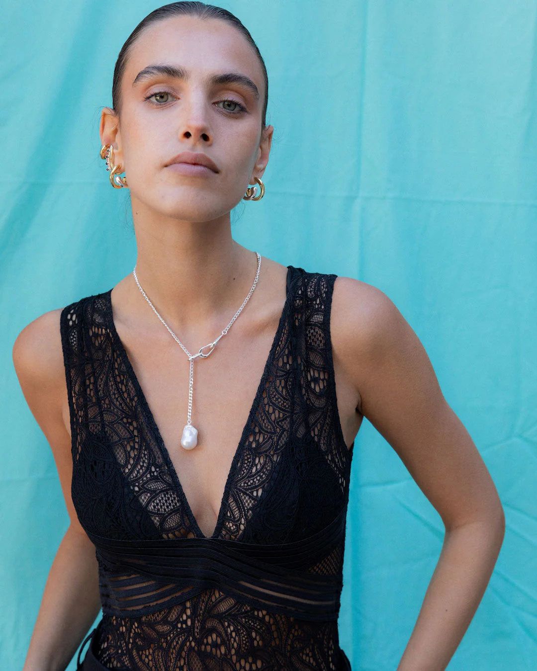 Linked Pearl Necklace - Brass, Pearl and Sterling Silver