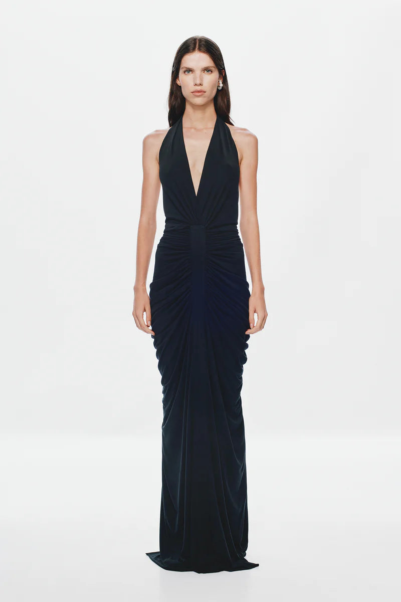 The Venus Gathered Cupro Dress - Black