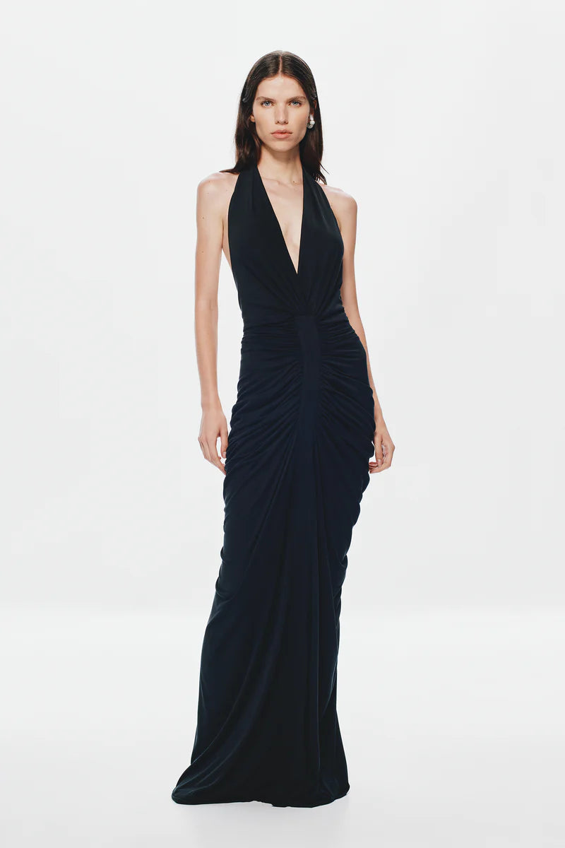 The Venus Gathered Cupro Dress - Black