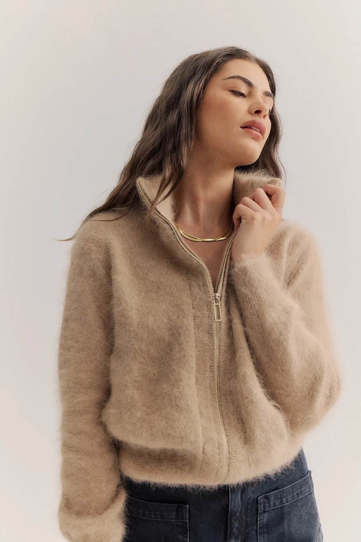 Felix Zip Up Cashmere Bomber - Latte