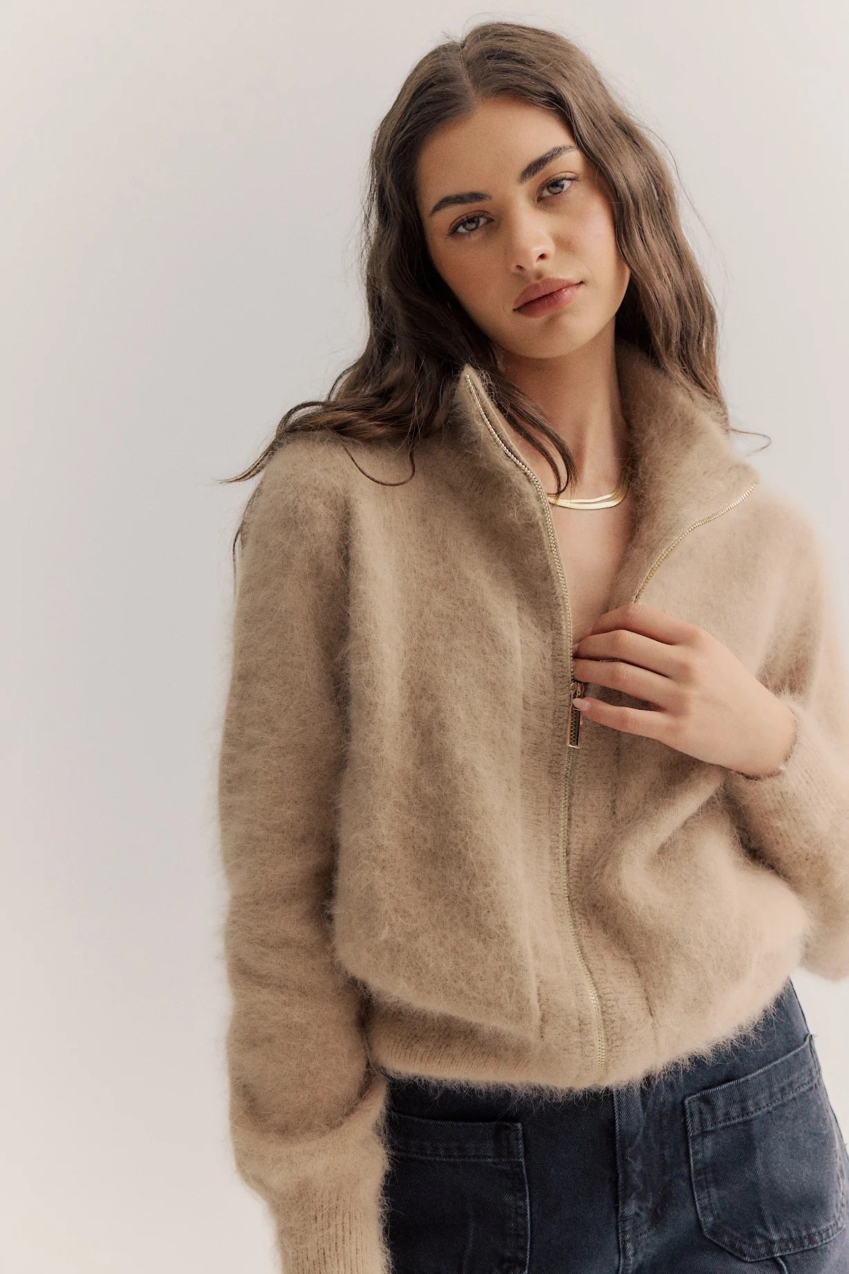 Felix Zip Up Cashmere Bomber - Latte