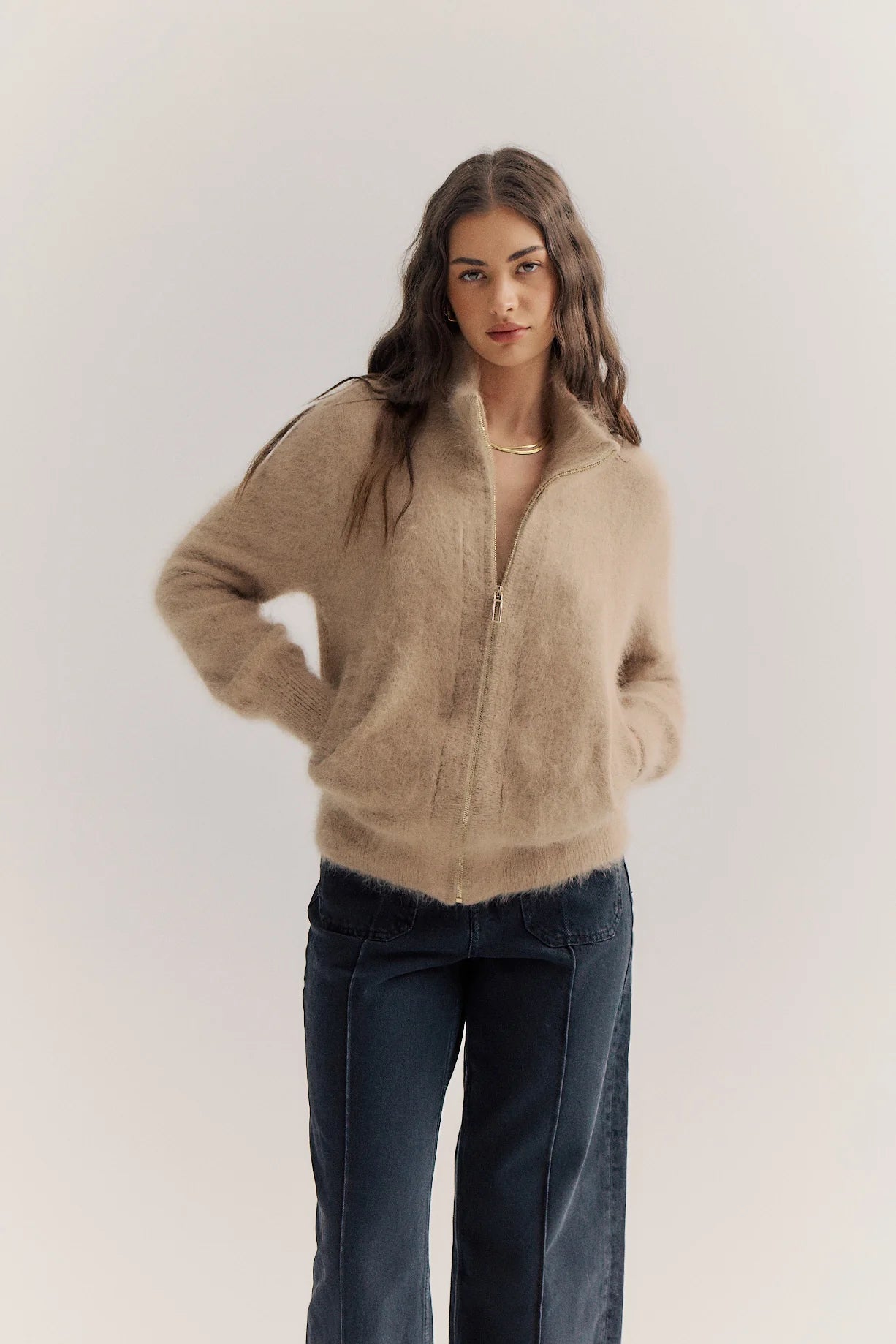Felix Zip Up Cashmere Bomber - Latte