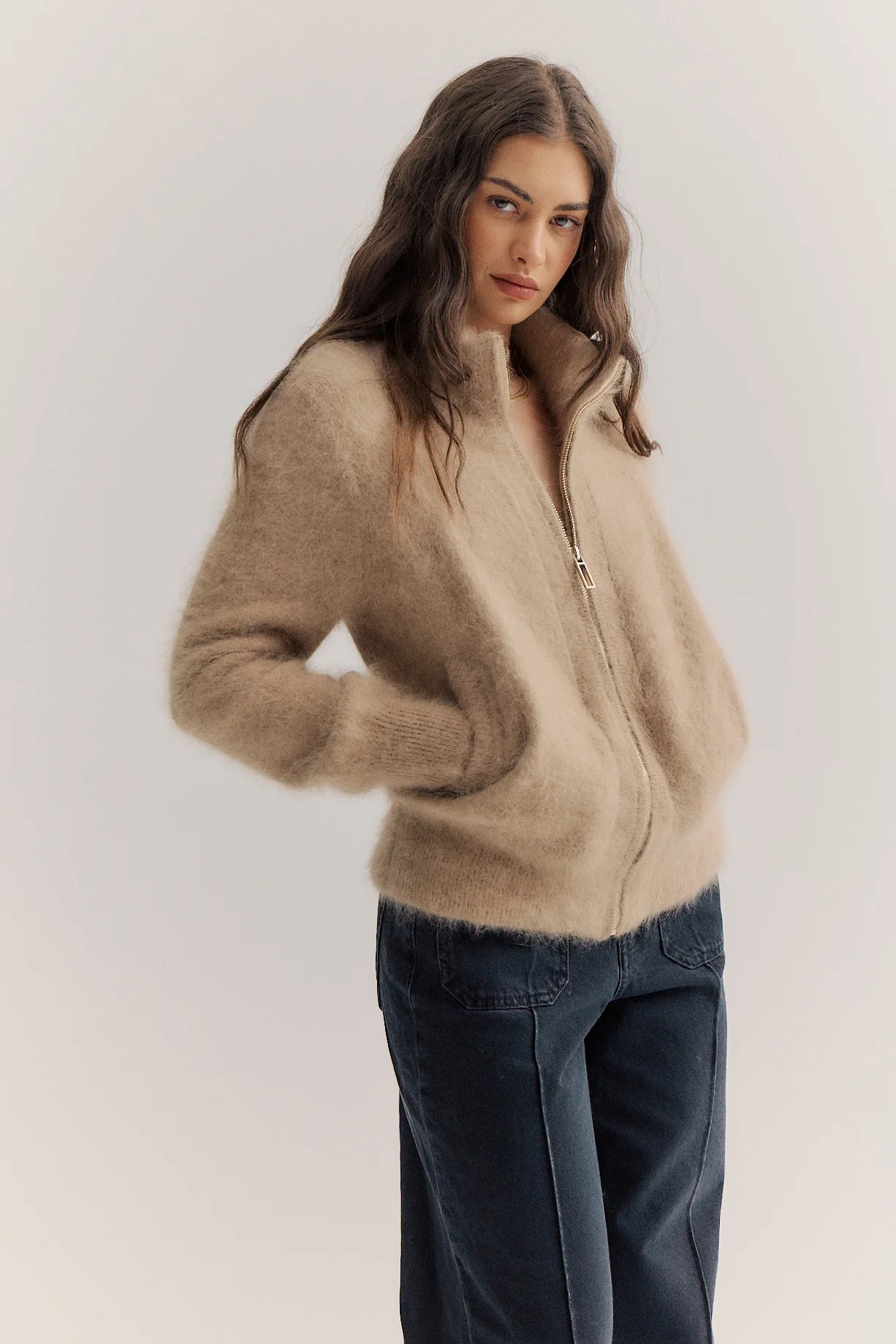 Felix Zip Up Cashmere Bomber - Latte