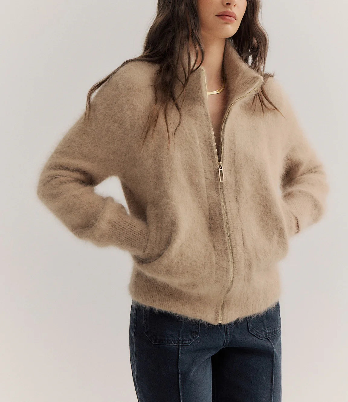 Felix Zip Up Cashmere Bomber - Latte