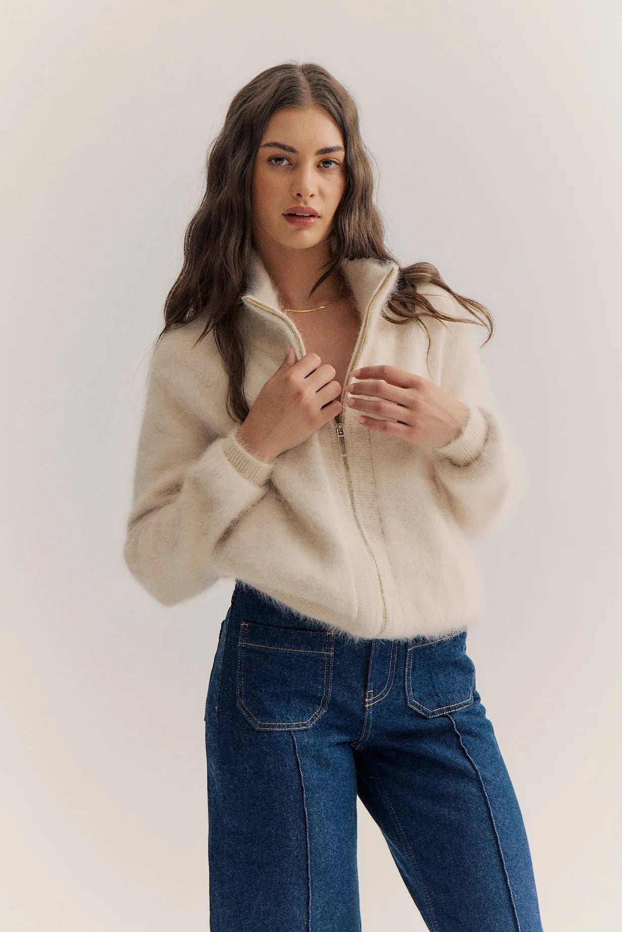 Felix Zip Up Cashmere Bomber - Oatmeal