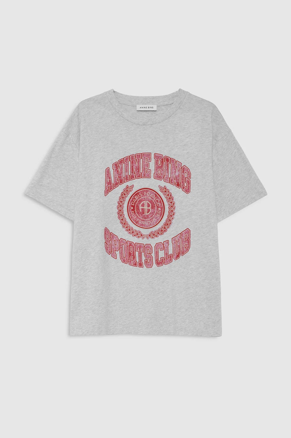 A light gray heather short-sleeve t-shirt with a red distressed graphic on the front reading 'ANNE KINGS SPORTS CLUB' around a circular crest, shown against a light gray background.