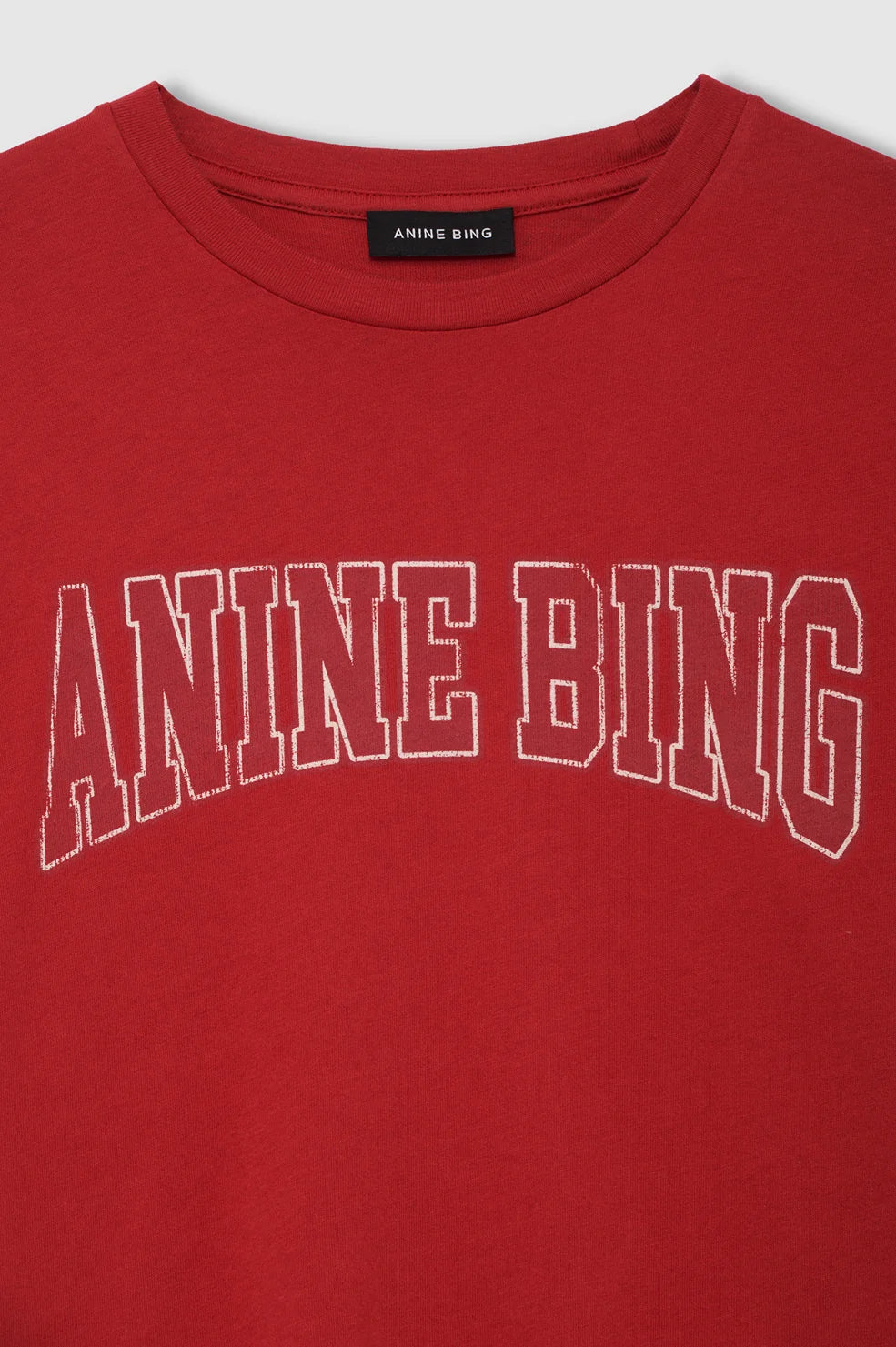 A close-up of a red crewneck t-shirt featuring the text 'ANINE BING' arched across the chest in a white outline collegiate font. The brand name 'ANINE BING' is also visible on the inner neck label.