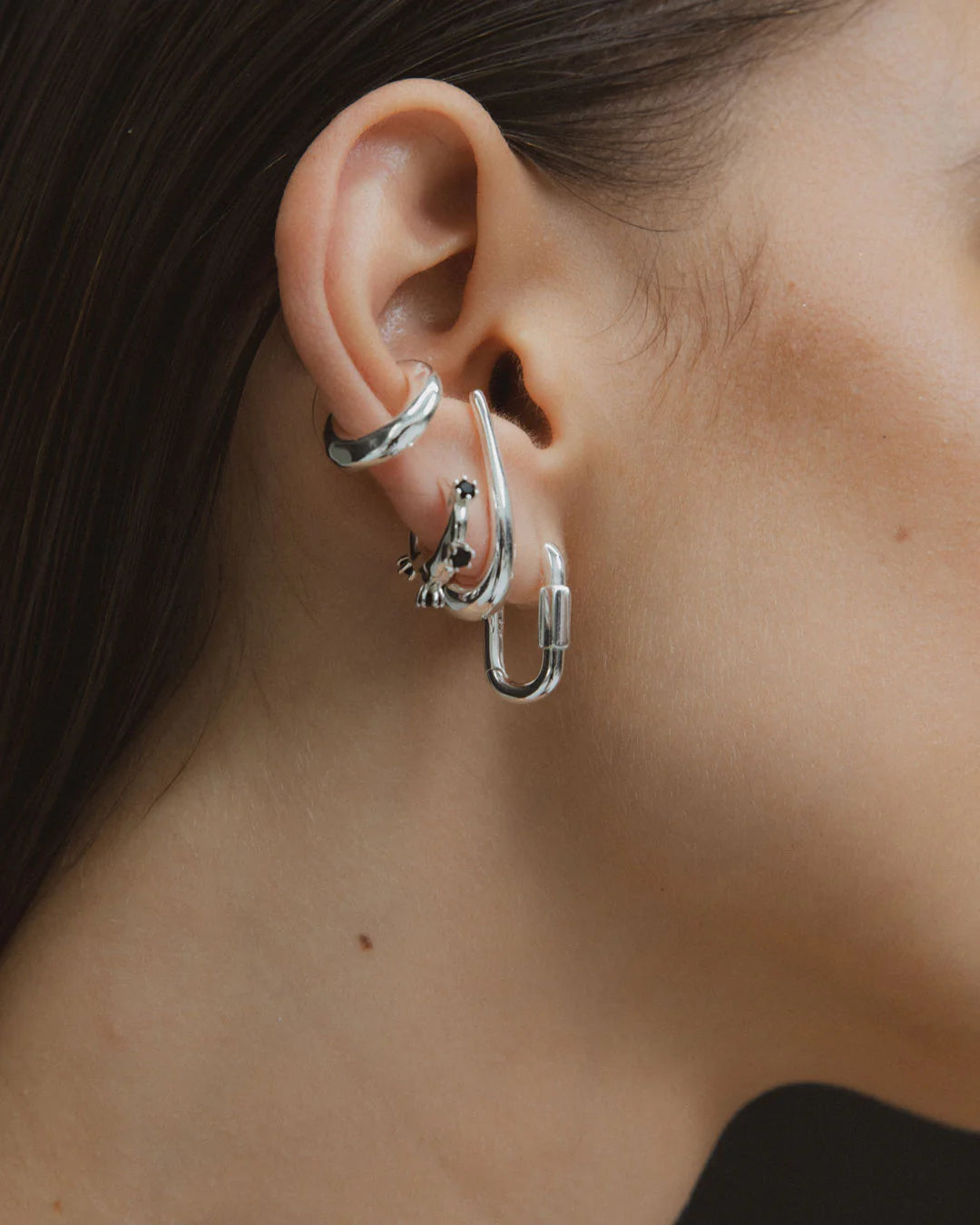 Adele Spiked Huggies - Solid Sterling Silver + Onyx