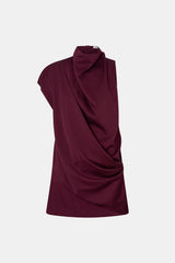 Maroon one-shoulder dress on a light gray background