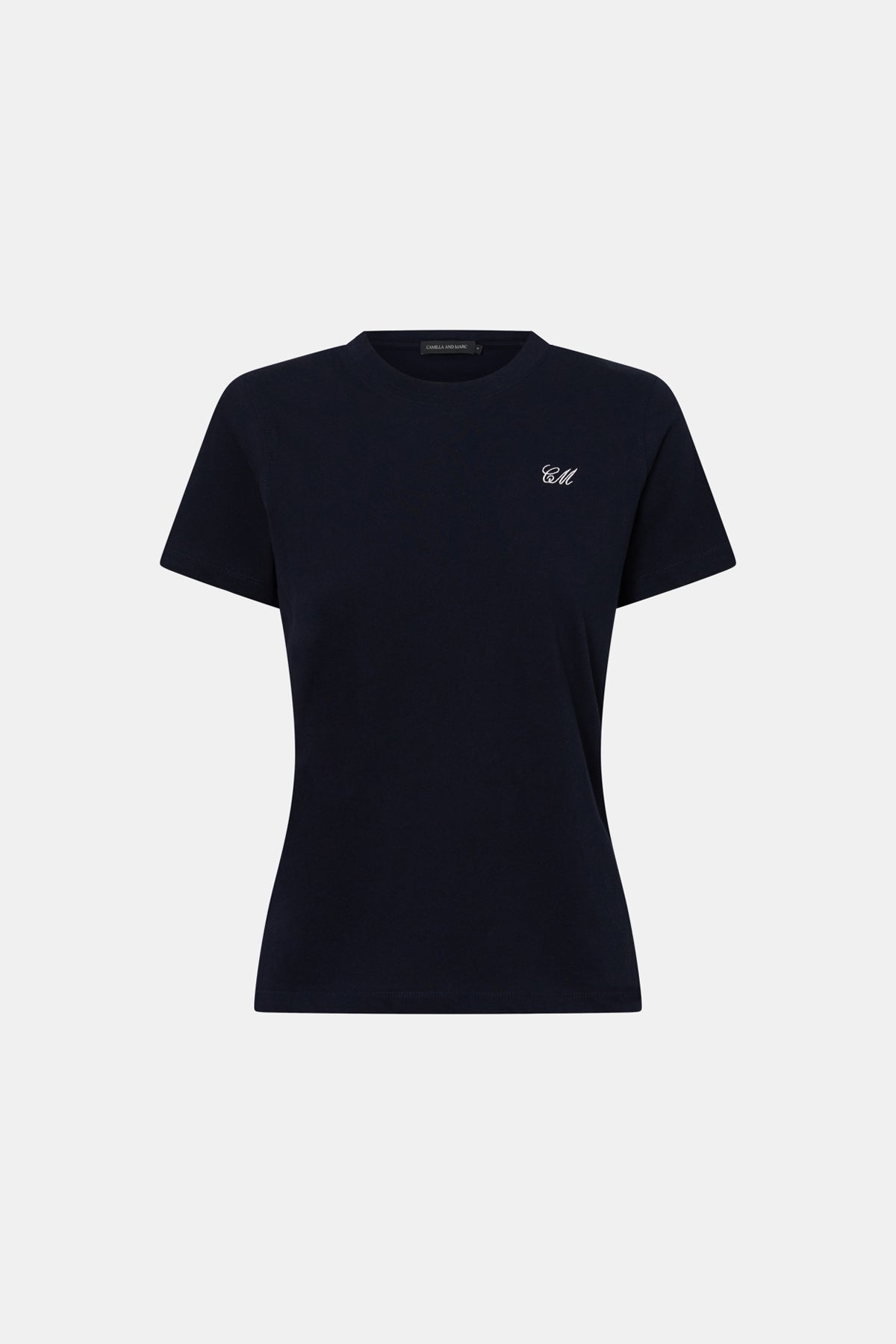 A dark navy blue short-sleeve crewneck t-shirt with a small white embroidered logo on the left chest, displayed on a light gray background.