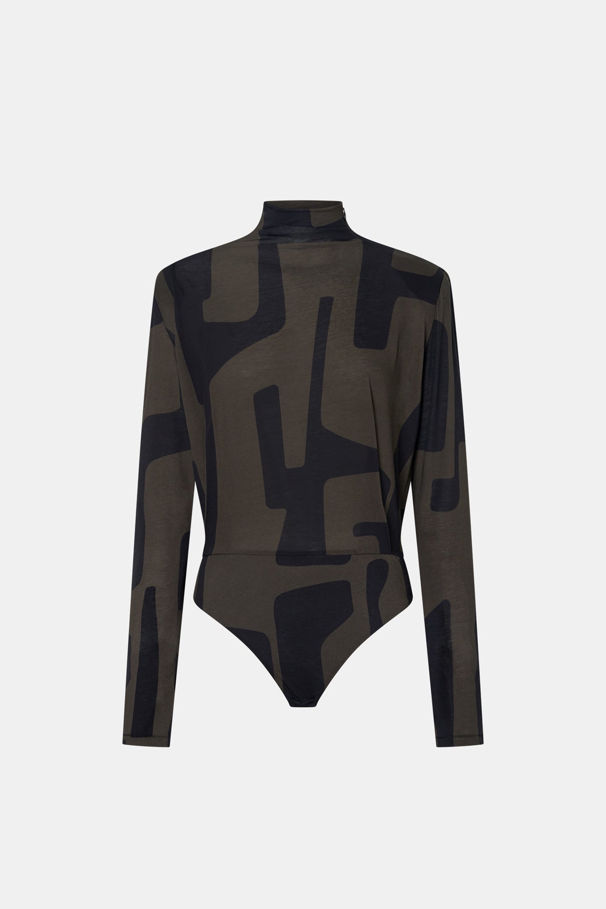 Black and brown bodysuit with geometric pattern on a white background