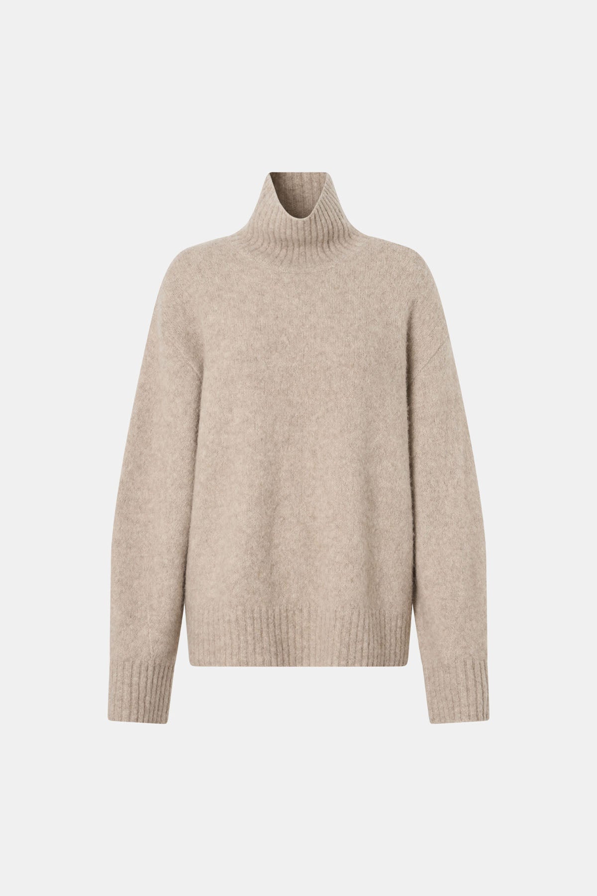 Beige turtleneck sweater on a light gray background