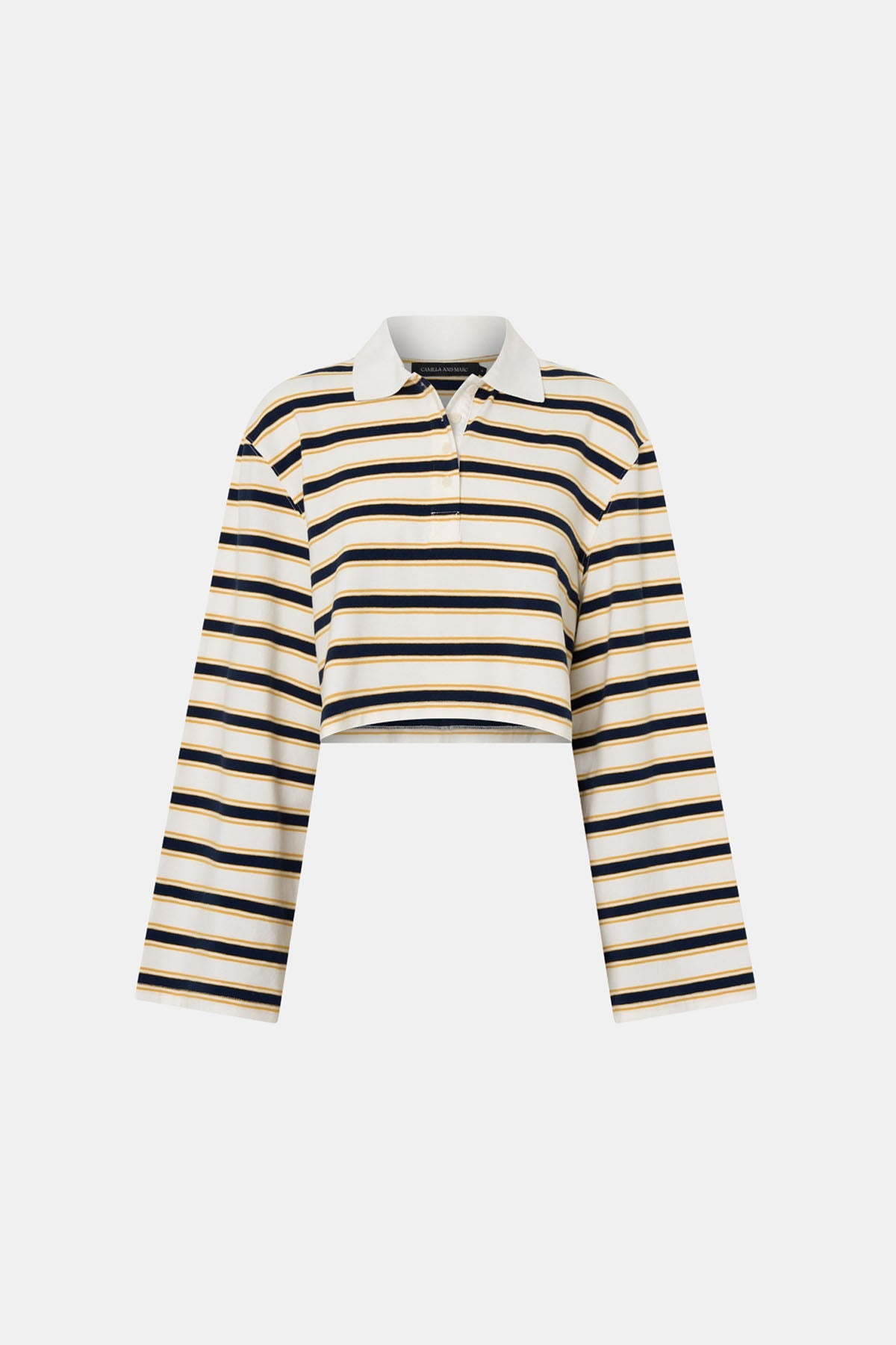 A cropped long-sleeve polo shirt with horizontal stripes in cream, black, and navy blue, featuring a solid cream collar, shown against a light gray background.