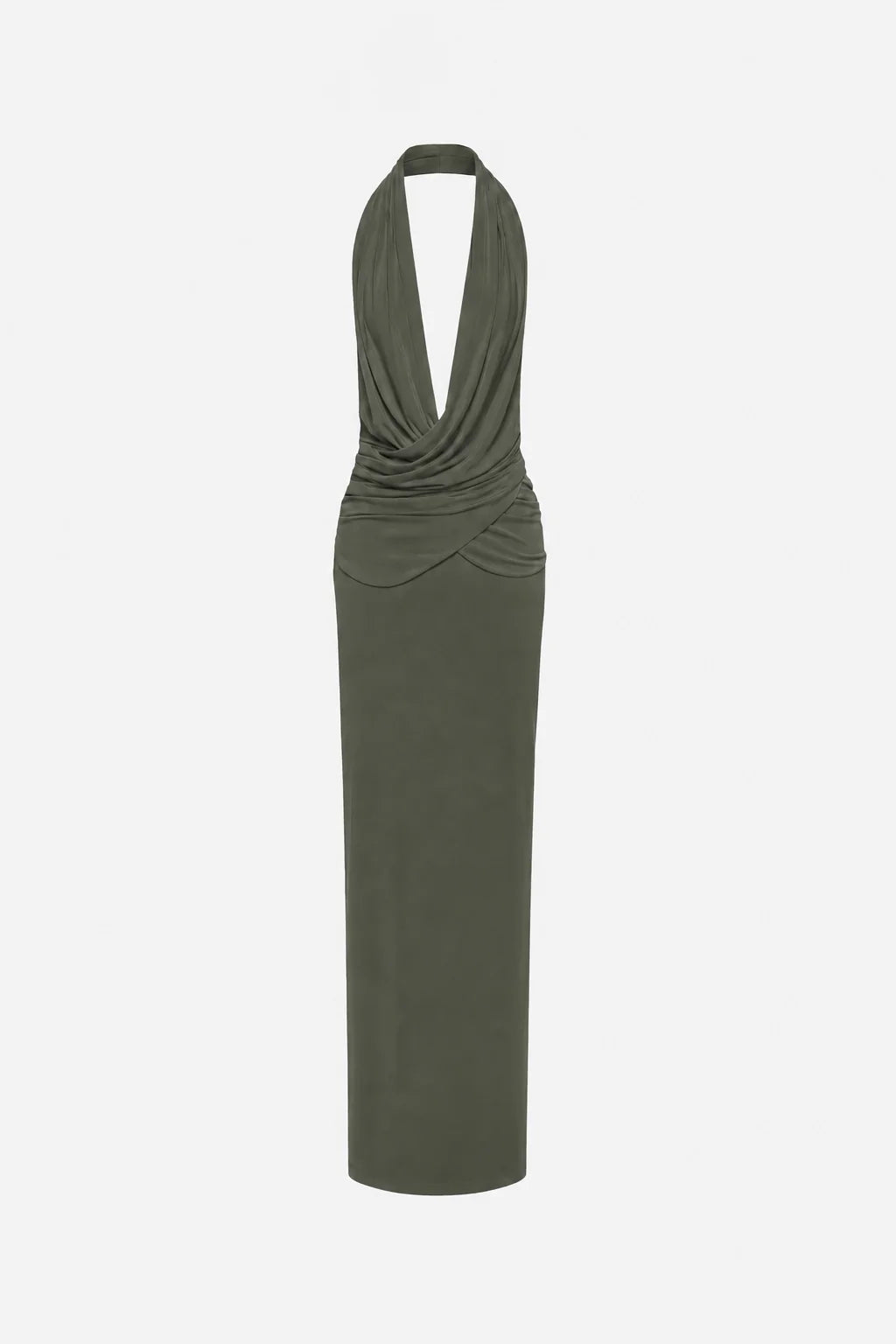 An olive green halter-neck maxi dress with a draped, gathered waist detail, shown against a plain light gray background.
