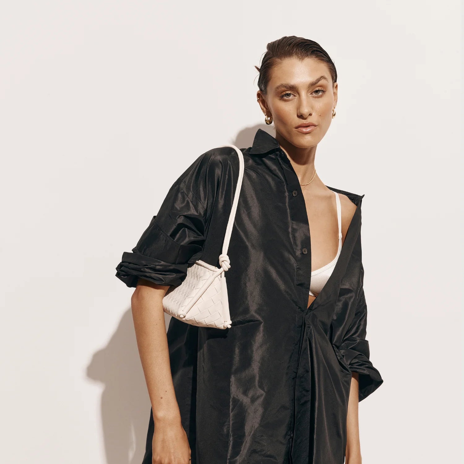 Daniella Triangular Woven Shoulder Bag - White