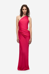 Woman wearing a pink one-shoulder dress on a white background